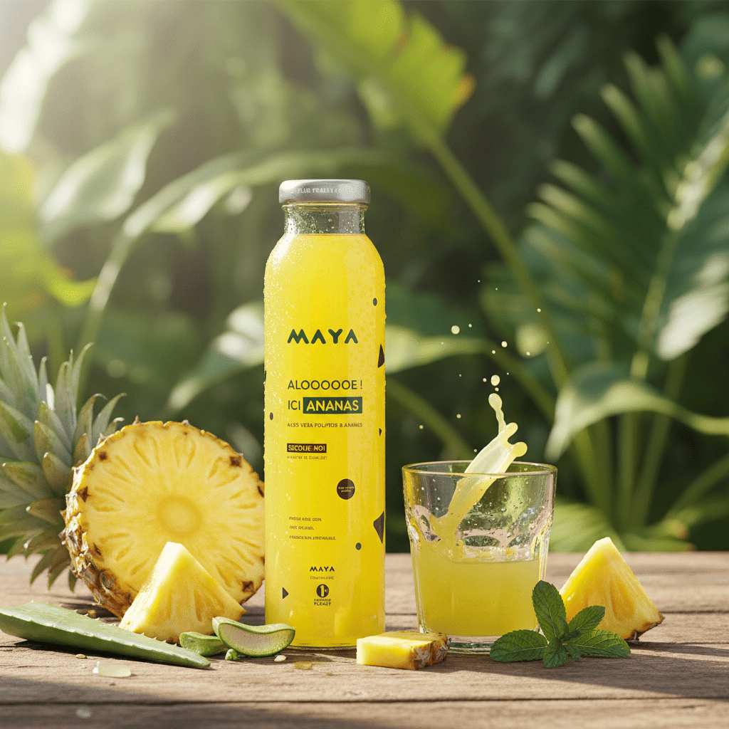 Bouteille de Jus Maya Ananas Aloe Vera, boisson rafraîchissante